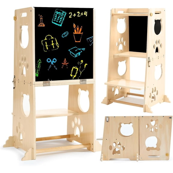 Collapsible  Kitchen Step Stool With Chalkboard, Safety Rail, and Standing Tower for