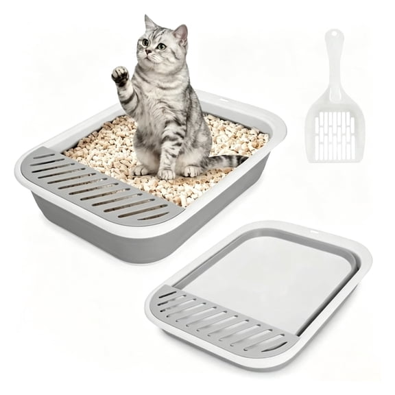 Foldable Cat Litter Box with Scoop, Collapsible Travel Toilet for Small Cats, Low Entry Anti-Splash Pan, Gray, 17.7 x 13.4 x 5 in