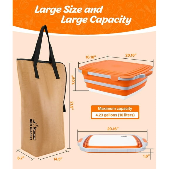 Collapsible Large BBQ Prep Tub & BBQ Resting Bag, Portable Smoking BBQ Blanket Prep Bucket for Resting Meat, Meal Prep, Marinating, 3in1 Foldable Food Storage Container Cutting Board with Locking Lid