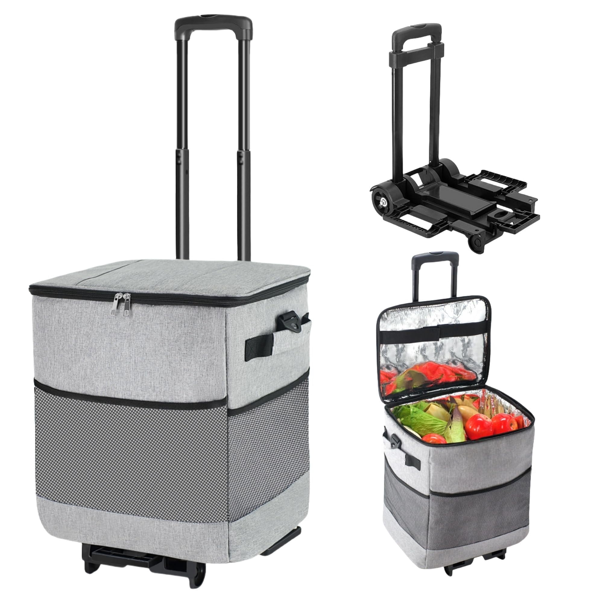 Collapsible Large Rolling Cooler 60-Can/40L,3-in-1 Insulated Soft Cooler Bag,Adjustable Wheels&Handle, Rolling Cooler Cart for Beach Camping Travel Outdoor Hot Takeout Orders