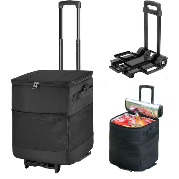 Collapsible Large Rolling Cooler 60-Can/40L,3-in-1 Insulated Soft Cooler Bag,Adjustable Wheels&Handle, Rolling Cooler Cart for Beach Camping Travel Outdoor Hot Takeout Orders