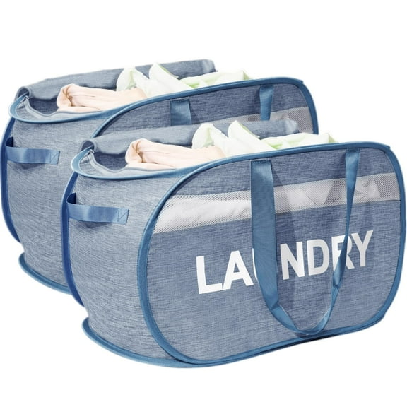Collapsible Laundry Basket 2 Pack, Foldable Pop Up Blue Laundry Baskets Mesh with Lid & Handle, Pop Up Collapsible Laundrys Hamper, Fabric Laundrys Baskets for Dorm, Travel, Bathroom