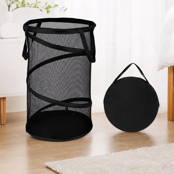 Collapsible Laundry Basket, Foldable Mesh Pop Up Hamper with Handles for Dorm and Travel, Black