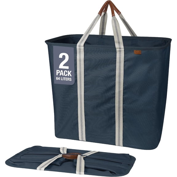 Collapsible Laundry Basket Hamper - Navy Noir Cream 2-Pack 64L - Space Saving Storage Organizer with Handles Foldable Home Organization