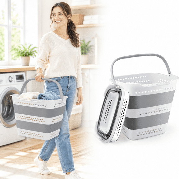 Collapsible Plastic Laundry Basket, Large 42L Foldable Hamper with Handle, Space Saving Laundry Basket for Dorm, RV, Closet and Camping