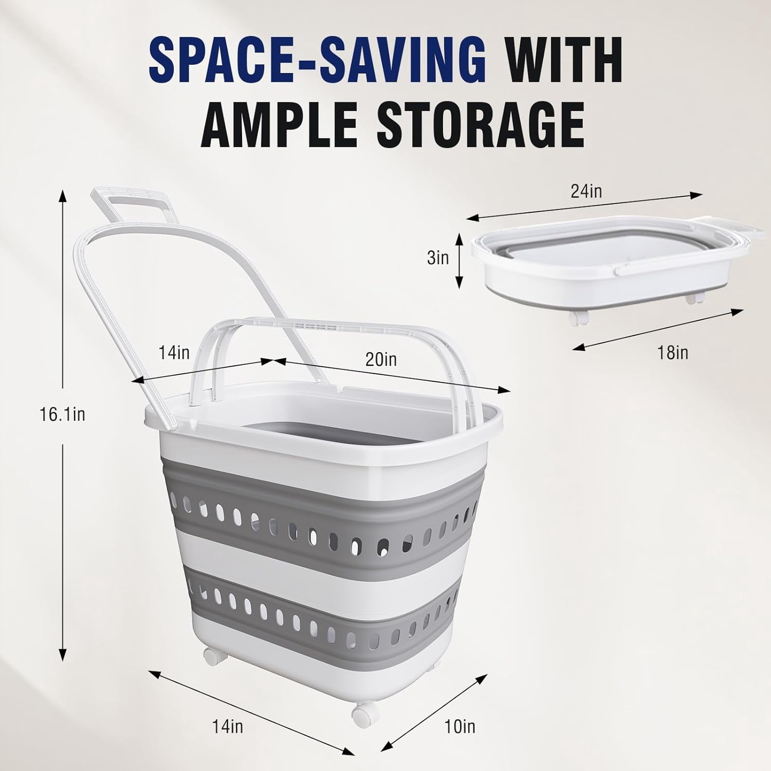Collapsible Laundry Basket with Wheels 45L Portable Hamper for Clothes Storage and Organization Grey