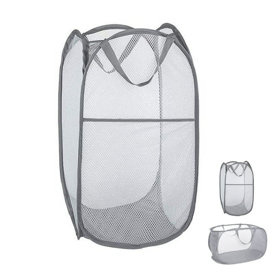 Collapsible Laundry Baskets Portable Pop-up Clothes Storage Hamper with Side Pocket and Reinforced Carry Handles for for Laundry, Bathroom, Kids Room or Travel, Gray Horizontal