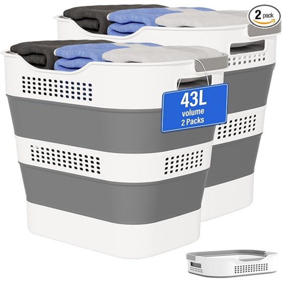 Collapsible Laundry Baskets plastic, Pop Up Laundry hamper/Storage Container, Foldable Laundry Basket with Handles, Durable,Space Saver (Grey, 2 Packs)