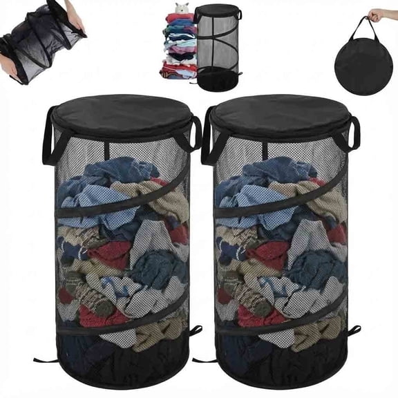 2 Pack Large Collapsible Laundry Basket Foldable Mesh Pop Up Hamper with Handles for Laundry Room, Bathroom, Kids