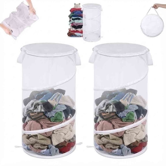2-Pack Large Collapsible Laundry Baskets, Pop Up Foldable Laundry Hampers with Handles for Laundry Room, Bathroom & Kids