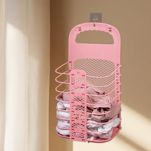 Collapsible Laundry Hamper Wall Hanging Basket, Foldable Dirty Clothes Storage Organizer with Breathable Mesh, Space Saving Wall Mounted Laundry Bag for Bathroom Bedroom Door, Portable Washing Bin