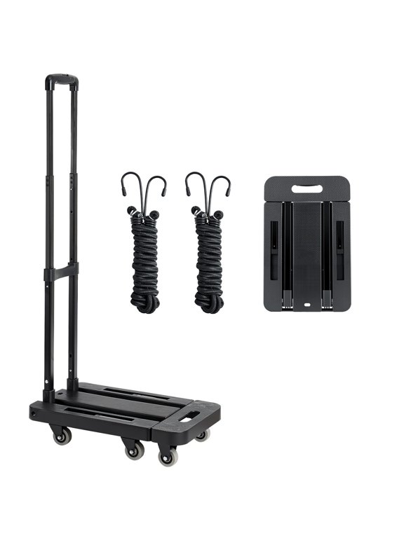 Collapsible Luggage Cart with 6 Wheels,500 lb Capacity Folding Hand Truck for Travel&Moving,Expandable Platform Dolly with Straps,Black