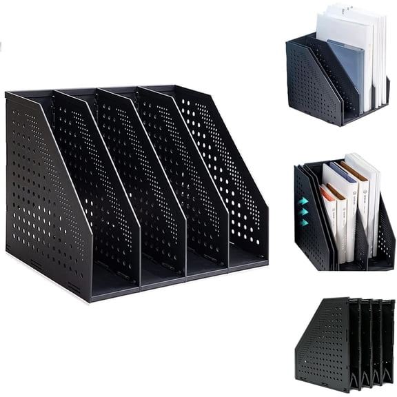 Collapsible Magazine File Holder with 4 Vertical Compartments, Binder Holder for Desk, Desktop Binder Organizer for Notebook, Documents, Book, School Office Supplies(Black)