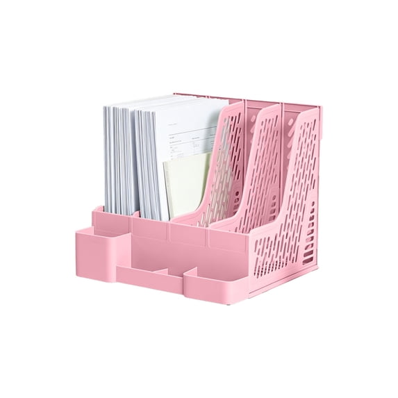 Collapsible Magazine File Holder with 4 Vertical Compartments Foldable Binder Holder for Desk Binder Storage Organizer Plastic Magazine Holders for Shelf,Pink