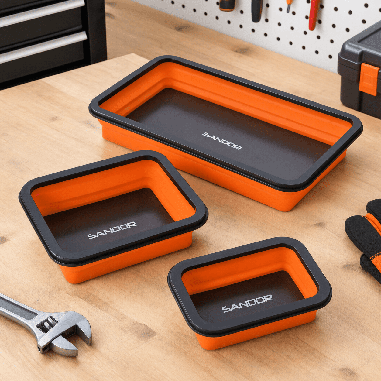 Collapsible Magnetic Parts Tray Set, 3 Sizes, Orange, Silicone Tool ...