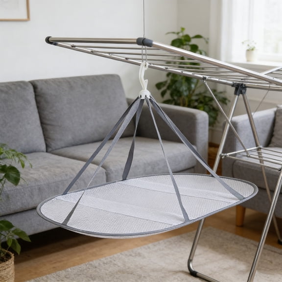 Collapsible Mesh Clothes Drying Rack | 1-Tier Breathable Laundry Basket for Sweaters & Delicates | Windproof Storage & Drying Net for Balcony | White, 30.7 x 24 Inches