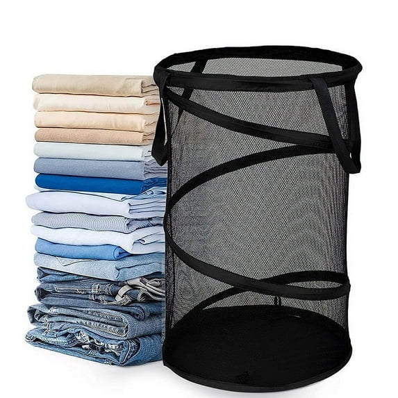 Laundry Basket with Double Handle Fine Mesh Foldable Net Bathroom Large Collapsible Dirty Clothes Storage Basket for Dormitory