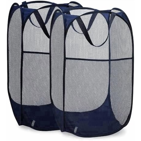 PLERISE 2-Pack Pop up Laundry Hamper, Large Collapsible Mesh Basket with Side Pocket, Breathable & Space-Saving for Clothes, Toys, Travel, Dorm, Blue