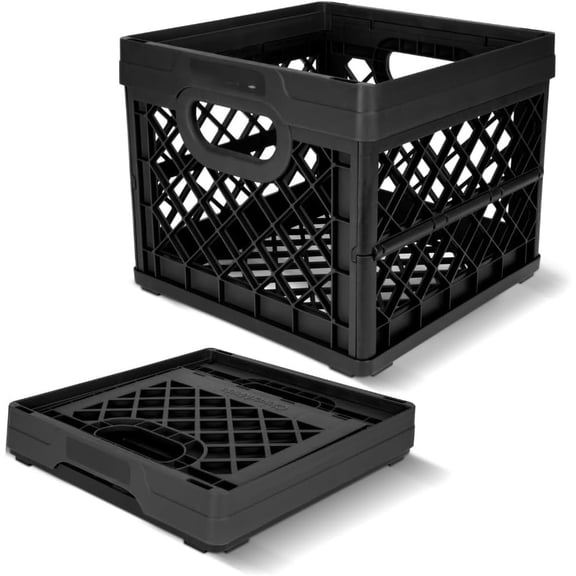 Collapsible Milk Crate 25L (6.6 Gal), 50 lb Capacity Heavy Duty Folding Crate – Stackable Storage Crates with File Rails, Plastic Collapsible Crates - Obsidian