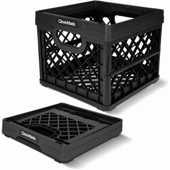 Collapsible Milk Crate 25L (6.6 Gal), 50 lb Capacity Heavy Duty Folding Crate  Stackable Storage Crates with File Rails, Plastic Collapsible Crates - Obsidian