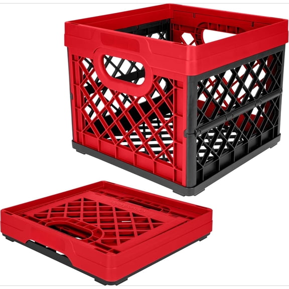 Collapsible Milk Crate 25L (6.6 Gal), 50 lb Capacity Heavy Duty Folding Crate – Stackable Storage Crates with File Rails, Plastic Collapsible Crates - Red