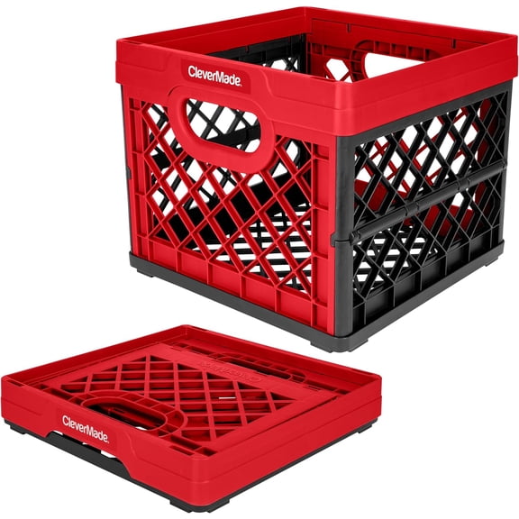 Collapsible Milk Crate 25L (6.6 Gal), 50 lb Heavy Duty Folding Crate  Stackable Storage Crates with File Rails, Plastic Collapsible Crates for Storage - Red