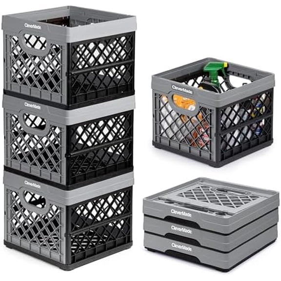 Collapsible Milk Crate, Stone, 3PK - 25L (6 Gal) Stackable Storage Bins, Holds 50lbs Per Bin - Clevercrates are Heavy Duty, Plastic Collapsible Storage Crate for Multi Purposes