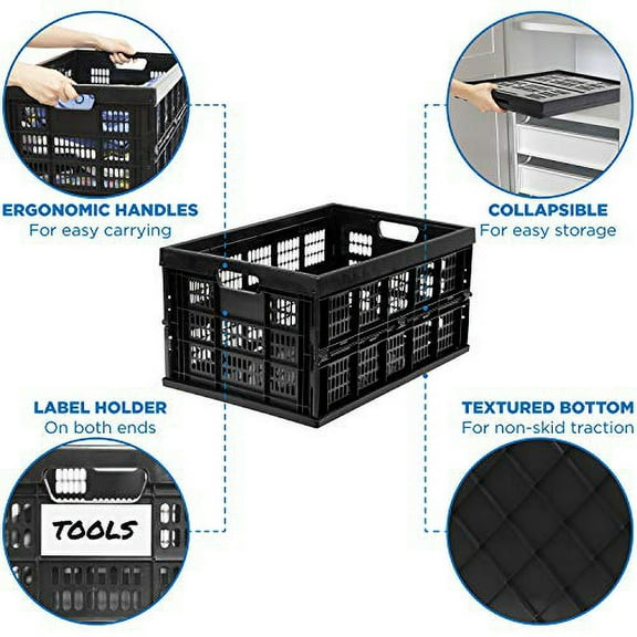 Collapsible Milk Crates | 49 Liter Stackable Storage Bins | Set of 3 Folding Plastic Crates