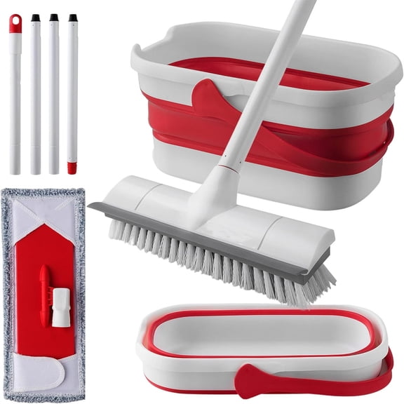 Collapsible Mop and Bucket Set with Wringer, Heavy Duty Scrub Brush, Foldable Mop and Broom for Home, Indoor or Outdoor Cleaning, Patio, Deck, RV, Concrete