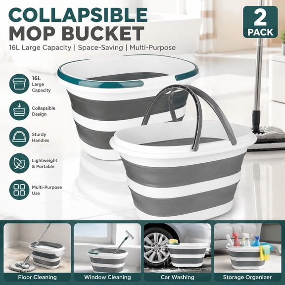 Collapsible Mop Bucket with Handle, 16L (4.2 Gallon) Silicone Square Folding Cleaning Bucket for Mopping, Car Wash, Window Cleaning, 2 Pack