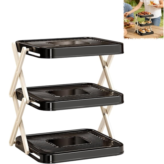 Collapsible Multi-Layer Dish Rack Foldable Serving Tray Stand with X-Shaped Legs, Space-Saving Platter Holder for Parties, Picnics & Kitchen(RL Black 1 PC)