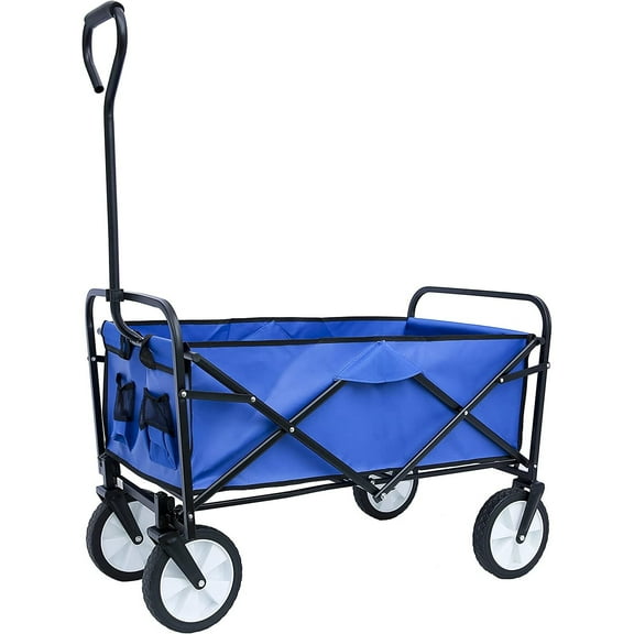 Collapsible Outdoor Utility Wagon Folding Garden Shopping Cart with Adjustable Handles and Cup Holders for Shopping and Park Picnic, Outdoor Activities, Camping (Blue)