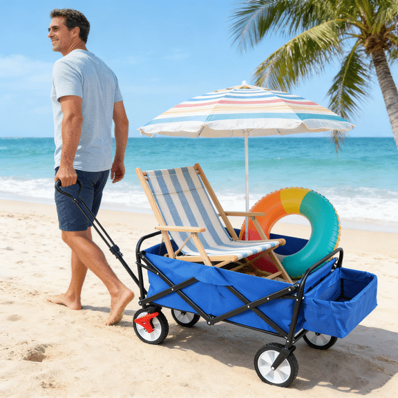 Collapsible Outdoor Utility Wagon - Heavy Duty Folding Garden Cart with Drink Holder, Adjustable Handles, Rolling Cart for Outdoor Activities