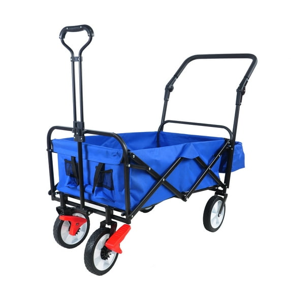 Collapsible Outdoor Utility Wagon, Heavy Duty Folding Garden Portable Hand Cart, Outdoor Garden Cart Foldable Wagon with Drink Holder, Adjustable Handles