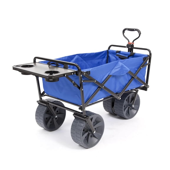 Collapsible Outdoor Utility Wagon With Side Table, Heavy Duty Folding Beach Cart With Large All Terrain Wheels, Portable Rolling Storage Trolley For Camping And Picnics, Blue And Black