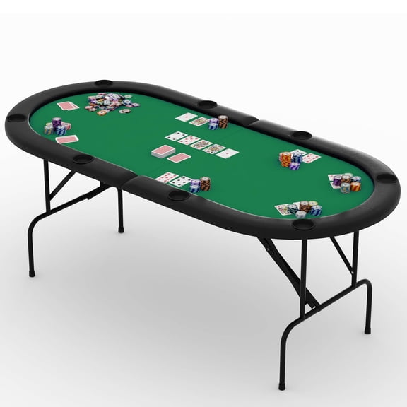 Collapsible Oval Poker Table  8-Player, Green Felt, Black PU Rails, Cup