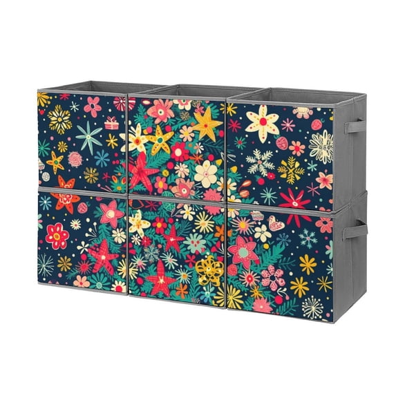 Collapsible Oxford Fabric Storage Cubes with Handles, Large Mid Foldable Oxford Cloth Bins Set of 2/6, Closet Organizers - Colorful Ditsy Floral Print Christmas Tree-2