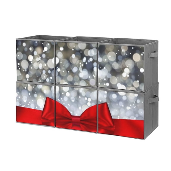 Collapsible Oxford Fabric Storage Cubes with Handles, Large Mid Foldable Oxford Cloth Bins Set of 2/6, Closet Organizers - Shiny silver starry Christmas with red bow ti