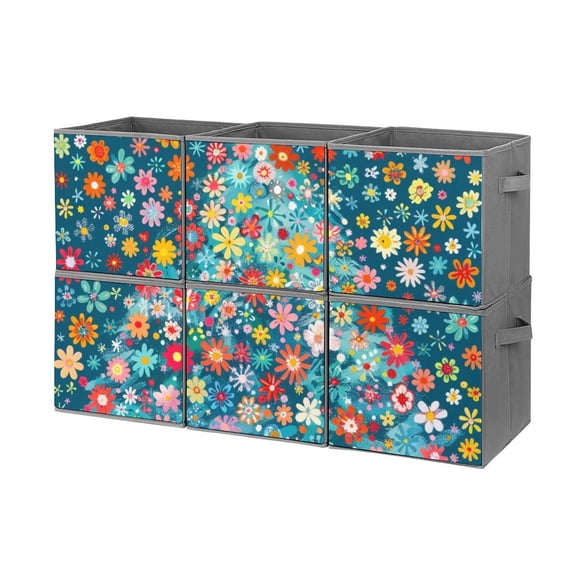 Collapsible Oxford Fabric Storage Cubes with Handles, Large Mid Foldable Oxford Cloth Bins Set of 2/6, Closet Organizers - Colorful Ditsy Floral Print Christmas Tree