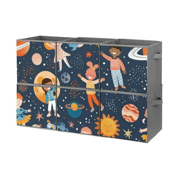 Collapsible Oxford Fabric Storage Cubes with Handles, Large Mid Foldable Oxford Cloth Bins Set of 2/6, Closet Organizers for Shelves Clothes Home Kitchen Toy - Astronaut Planet