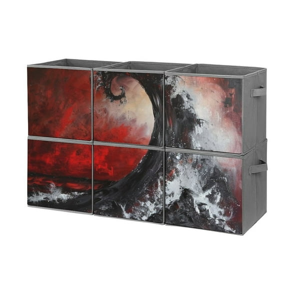 Collapsible Oxford Fabric Storage Cubes with Handles, Large Mid Foldable Oxford Cloth Bins Set of 2/6, Closet Organizers for Shelves Clothes Home Kitchen Toy - Black Red Plate-2