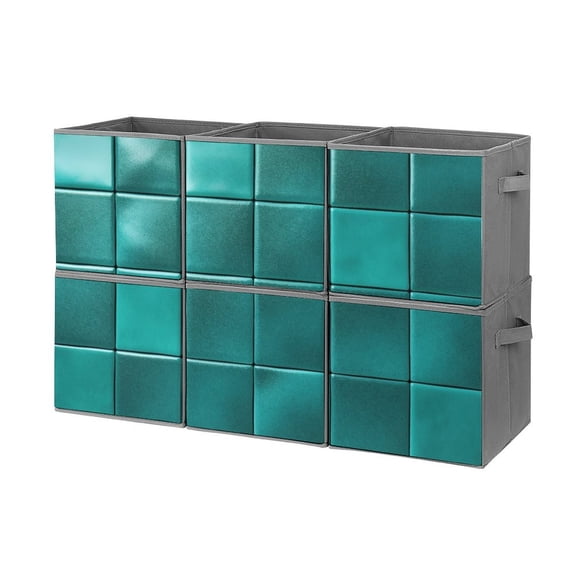 Collapsible Oxford Fabric Storage Cubes with Handles, Large Mid Foldable Oxford Cloth Bins Set of 2/6, Closet Organizers for Shelves Clothes Home Kitchen Toy - Blue Green Square Ceramic Pattern