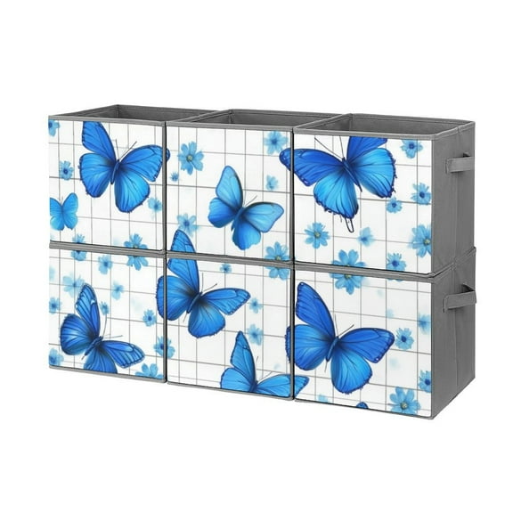 Collapsible Oxford Fabric Storage Cubes with Handles, Large Mid Foldable Oxford Cloth Bins Set of 2/6, Closet Organizers for Shelves Clothes Home Kitchen Toy - Blue Butterfly Flower