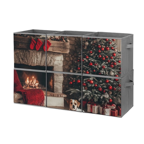 Collapsible Oxford Fabric Storage Cubes with Handles, Large Mid Foldable Oxford Cloth Bins Set of 2/6, Closet Organizers for Shelves Clothes Home Kitchen Toy - Christmas Fireplace Tree Warm Indoor
