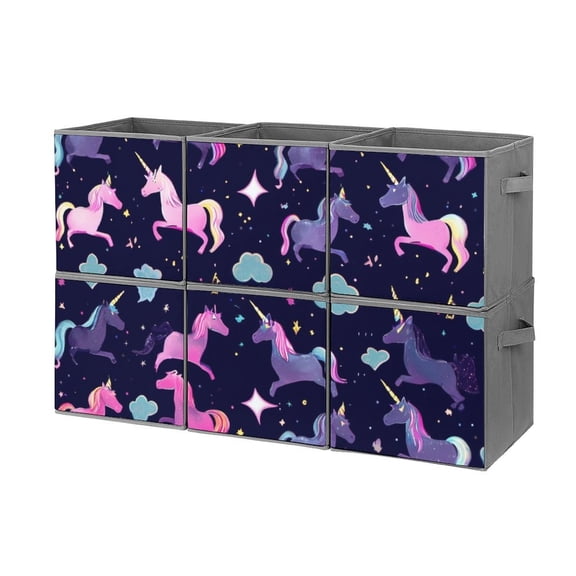 Collapsible Oxford Fabric Storage Cubes with Handles, Large Mid Foldable Oxford Cloth Bins Set of 2/6, Closet Organizers for Shelves Clothes Home Kitchen Toy - Dark Unicorn pattern