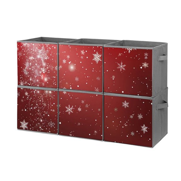 Collapsible Oxford Fabric Storage Cubes with Handles, Large Mid Foldable Oxford Cloth Bins Set of 2/6, Closet Organizers for Shelves Clothes Home Kitchen Toy - Elegant Red Christmas with Snowflake-1