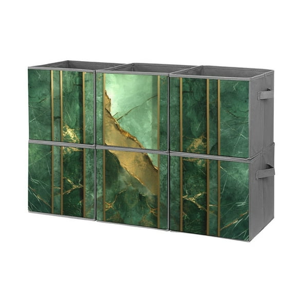 Collapsible Oxford Fabric Storage Cubes with Handles, Large Mid Foldable Oxford Cloth Bins Set of 2/6, Closet Organizers for Shelves Clothes Home Kitchen Toy - Green Gold Marble Modern Luxury,