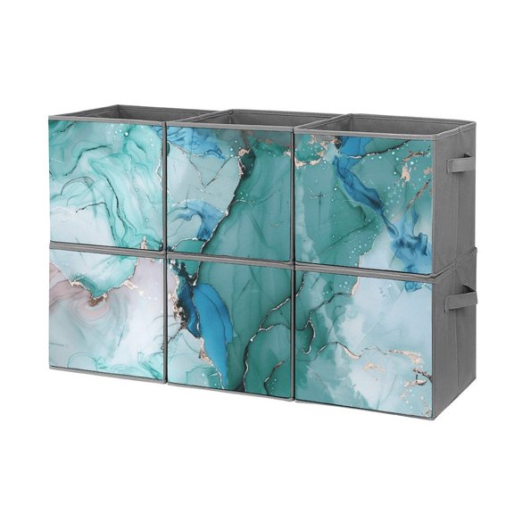 Collapsible Oxford Fabric Storage Cubes with Handles, Large Mid Foldable Oxford Cloth Bins Set of 2/6, Closet Organizers for Shelves Clothes Home Kitchen Toy - Marble Pattern Blue Gold-2
