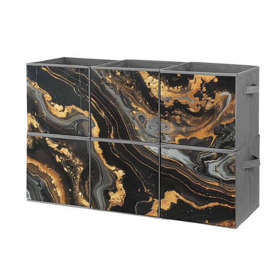 Collapsible Oxford Fabric Storage Cubes with Handles, Large Mid Foldable Oxford Cloth Bins Set of 2/6, Closet Organizers for Shelves Clothes Home Kitchen Toy - Marble Pattern Black Gold-1