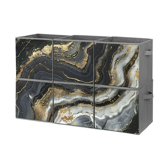 Collapsible Oxford Fabric Storage Cubes with Handles, Large Mid Foldable Oxford Cloth Bins Set of 2/6, Closet Organizers for Shelves Clothes Home Kitchen Toy - Marble Pattern Black Gold
